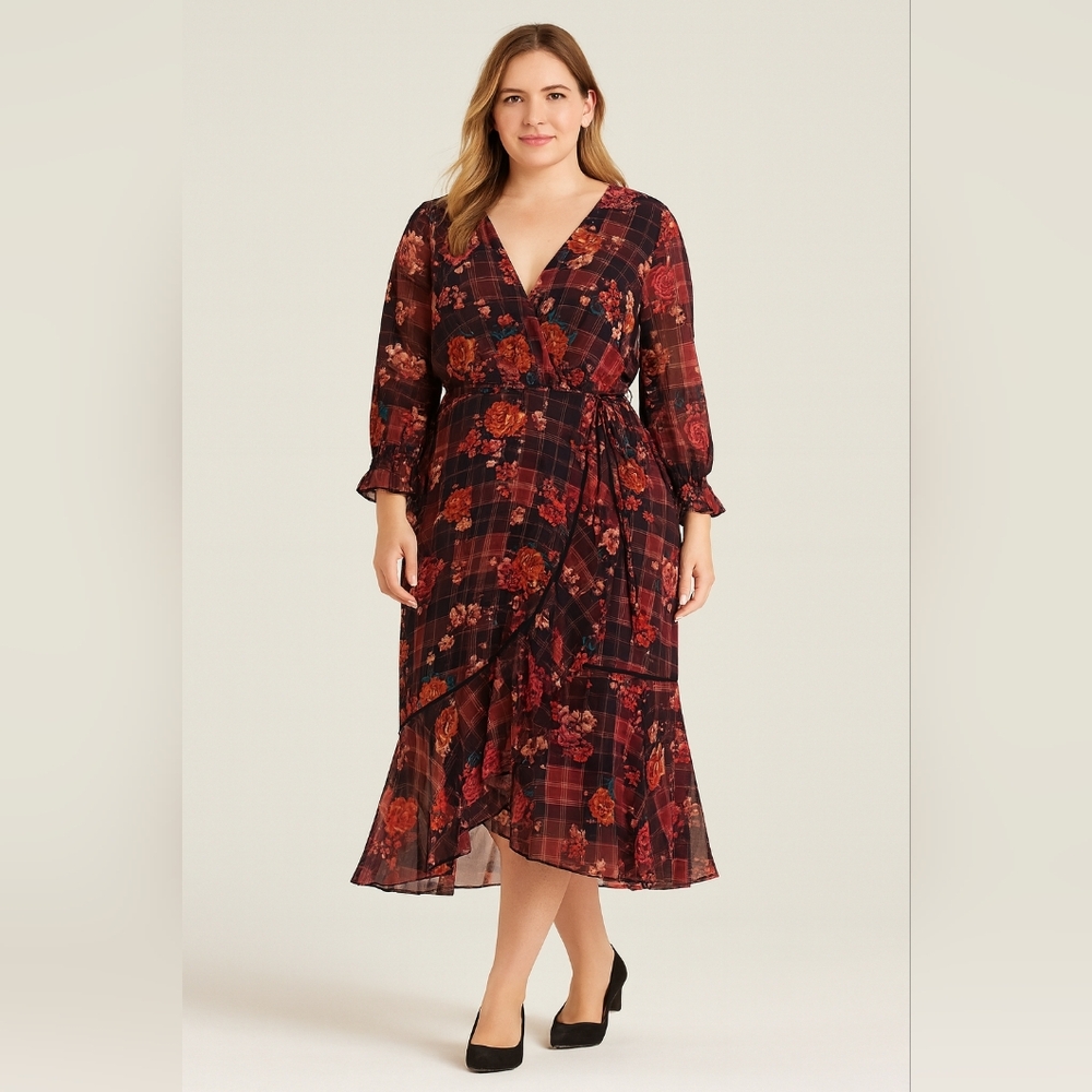 # 75 Taylor Woman Plus Size 24W Floral Patchwork Midi Dress Boho Long Sleeve